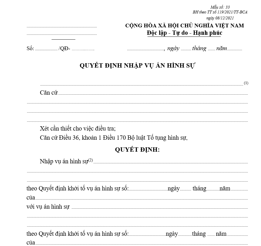 Mẫu quyết định nhập vụ án hình sự Mẫu quyết định nhập vụ án hình sự