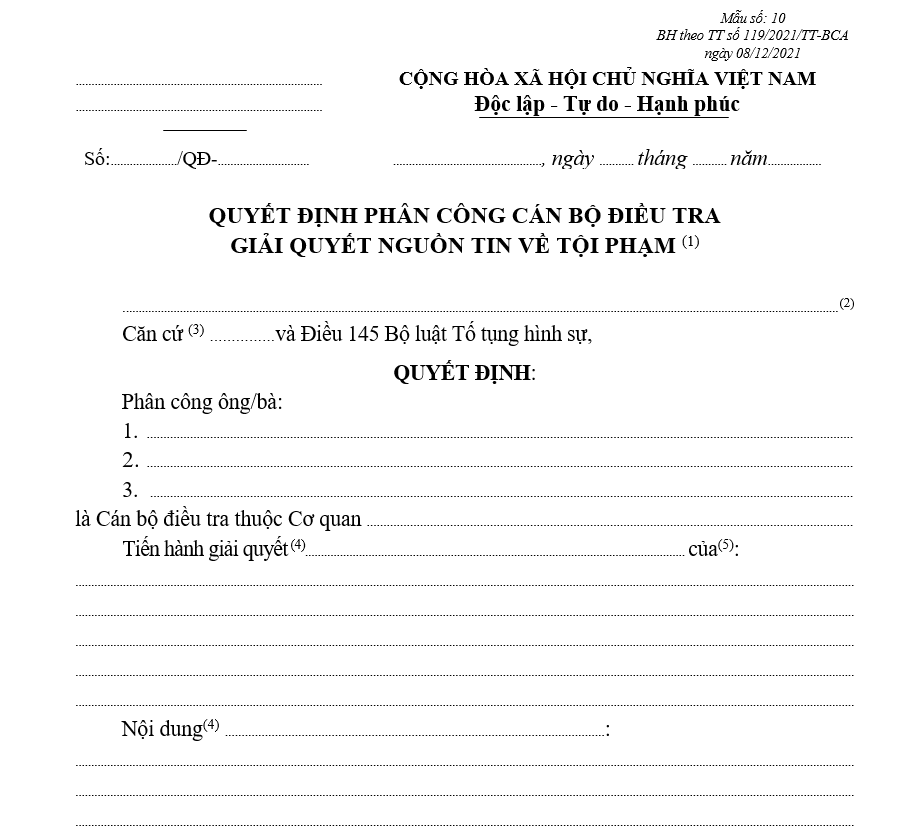 Mẫu quyết định phân công Cán bộ điều tra giải quyết nguồn tin về tội phạm (Dùng cho cơ quan được giao nhiệm vụ tiến hành một số hoạt động điều tra) Mẫu quyết định phân công Cán bộ điều tra giải quyết nguồn tin về tội phạm (Dùng cho cơ quan được giao nhiệm vụ tiến hành một số hoạt động điều tra)