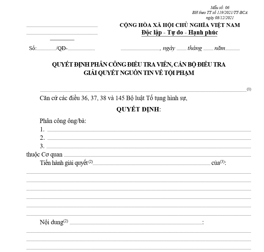 Mẫu quyết định phân công Điều tra viên, Cán bộ điều tra giải quyết nguồn tin về tội phạm Mẫu quyết định phân công Điều tra viên, Cán bộ điều tra giải quyết nguồn tin về tội phạm