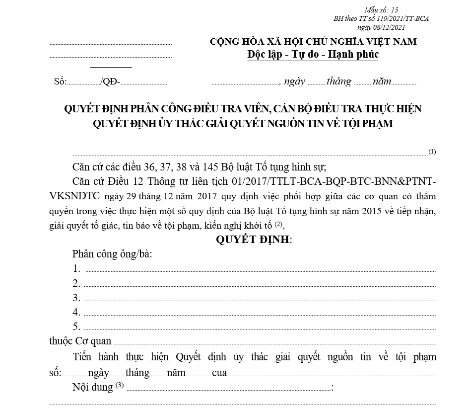 Mẫu quyết định phân công Điều tra viên, Cán bộ điều tra thực hiện Quyết định ủy thác giải quyết nguồn tin về tội phạm Mẫu quyết định phân công Điều tra viên, Cán bộ điều tra thực hiện Quyết định ủy thác giải quyết nguồn tin về tội phạm