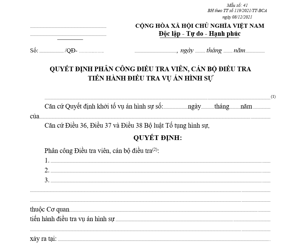 Mẫu quyết định phân công Điều tra viên, Cán bộ điều tra tiến hành điều tra vụ án hình sự Mẫu quyết định phân công Điều tra viên, Cán bộ điều tra tiến hành điều tra vụ án hình sự