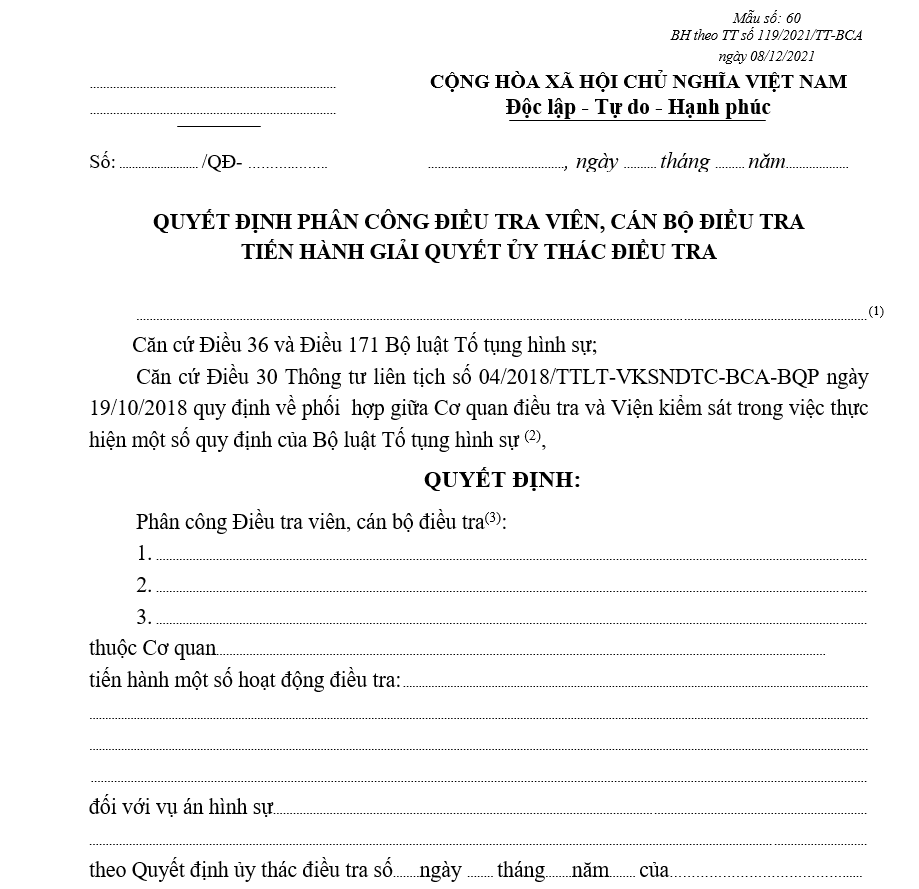 Mẫu quyết định phân công Điều tra viên, Cán bộ điều tra tiến hành giải quyết ủy thác điều tra Mẫu quyết định phân công Điều tra viên, Cán bộ điều tra tiến hành giải quyết ủy thác điều tra