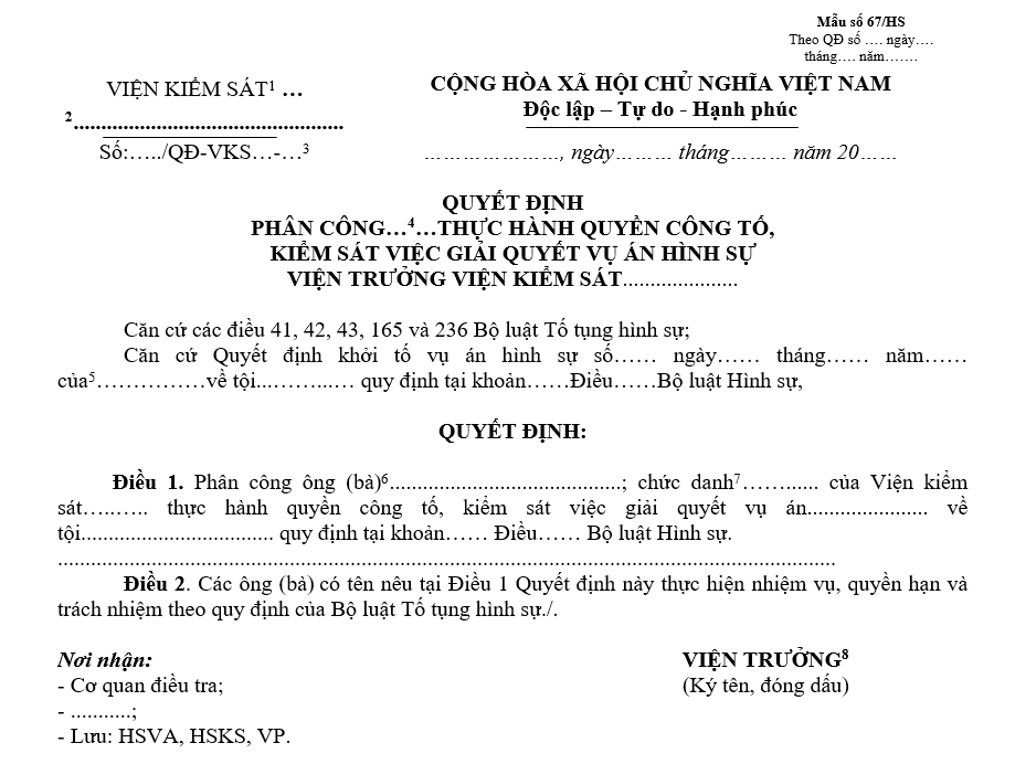 Mẫu quyết định phân công Kiểm sát viên/Kiểm tra viên thực hành quyền công tố, kiểm sát việc giải quyết vụ án hình sự Mẫu quyết định phân công Kiểm sát viênKiểm tra viên thực hành quyền công tố, kiểm sát việc giải quyết vụ án hình sự