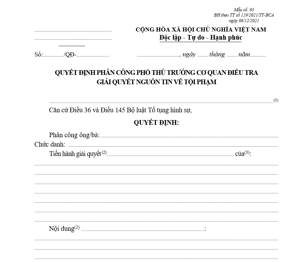 Mẫu quyết định phân công Phó Thủ trưởng Cơ quan điều tra giải quyết nguồn tin về tội phạm Mẫu quyết định phân công Phó Thủ trưởng Cơ quan điều tra giải quyết nguồn tin về tội phạm