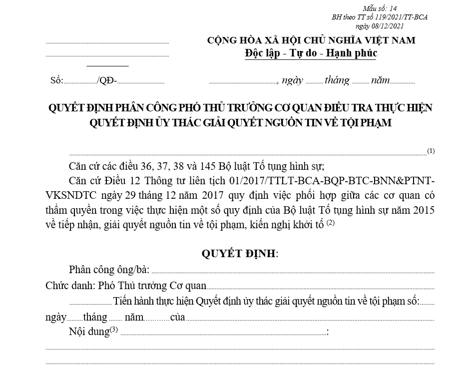 Mẫu quyết định phân công Phó Thủ trưởng Cơ quan điều tra thực hiện Quyết định ủy thác giải quyết nguồn tin về tội phạm Mẫu quyết định phân công Phó Thủ trưởng Cơ quan điều tra thực hiện Quyết định ủy thác giải quyết nguồn tin về tội phạm
