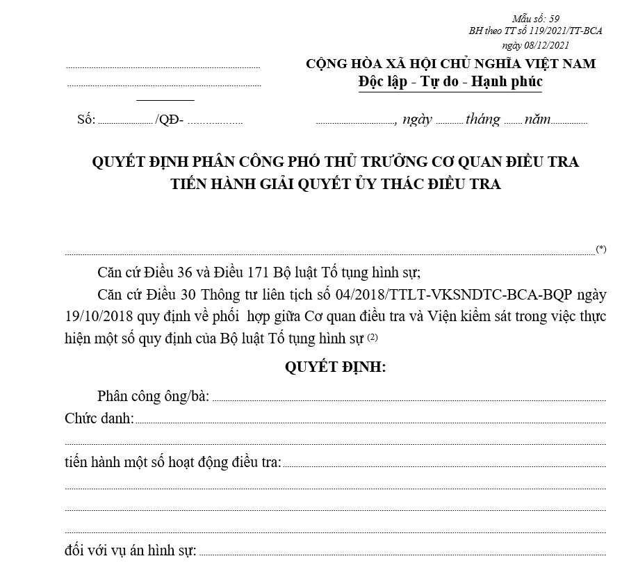 Mẫu quyết định phân công Phó Thủ trưởng Cơ quan điều tra tiến hành giải quyết ủy thác điều tra Mẫu quyết định phân công Phó Thủ trưởng Cơ quan điều tra tiến hành giải quyết ủy thác điều tra