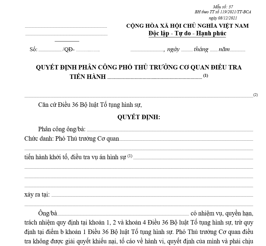 Mẫu quyết định phân công Phó Thủ trưởng Cơ quan điều tra tiến hành khởi tố, điều tra vụ án hình sự Mẫu quyết định phân công Phó Thủ trưởng Cơ quan điều tra tiến hành khởi tố, điều tra vụ án hình sự