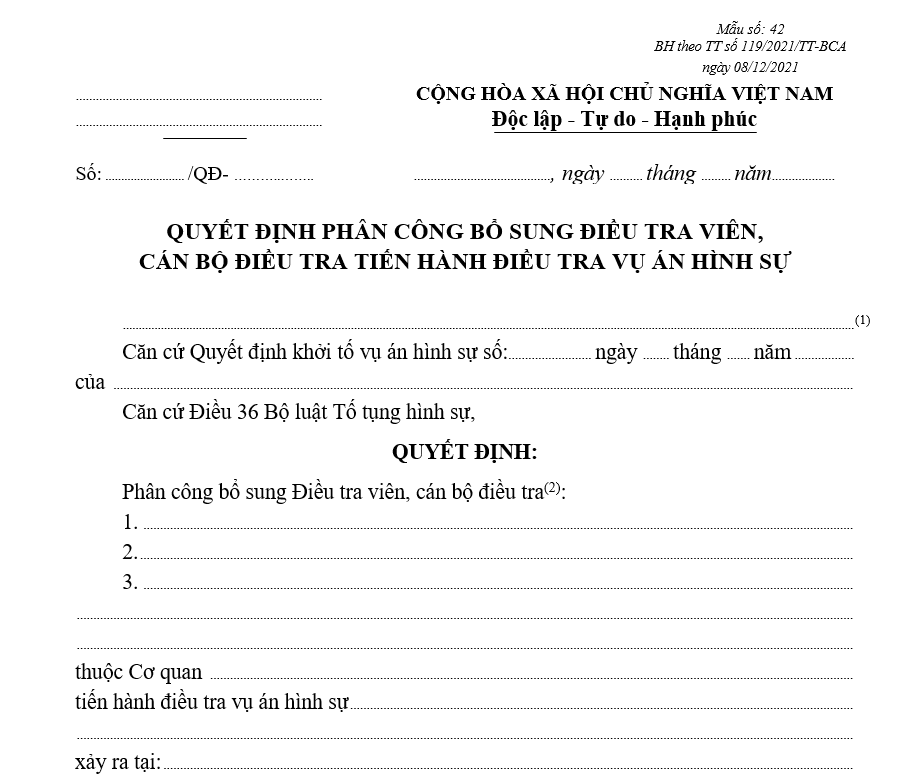 Mẫu quyết định phân công bổ sung Điều tra viên, Cán bộ điều tra tiến hành điều tra vụ án hình sự Mau quyet dinh phan cong bo sung Dieu tra vien Can bo dieu tra tien hanh dieu tra vu an hinh su 1