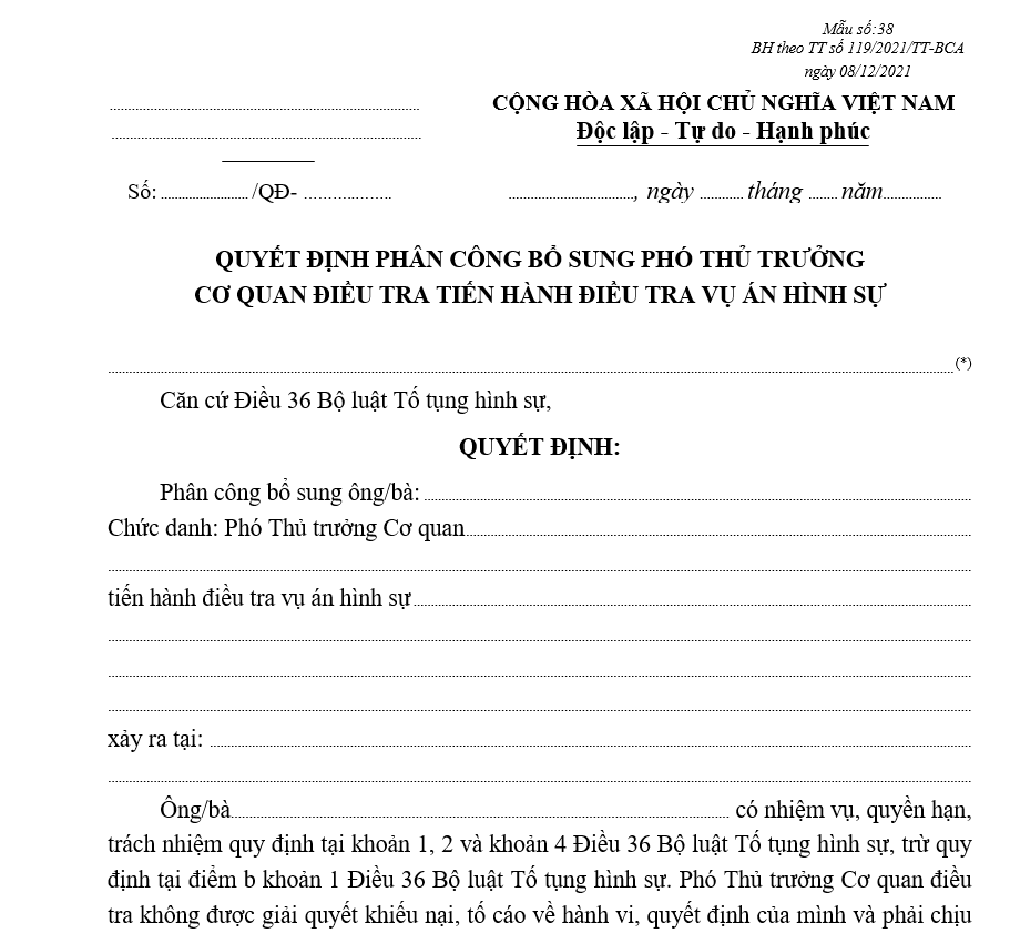 Mẫu quyết định phân công bổ sung Phó Thủ trưởng Cơ quan điều tra tiến hành điều tra vụ án hình sự Mẫu quyết định phân công bổ sung Phó Thủ trưởng Cơ quan điều tra tiến hành điều tra vụ án hình sự