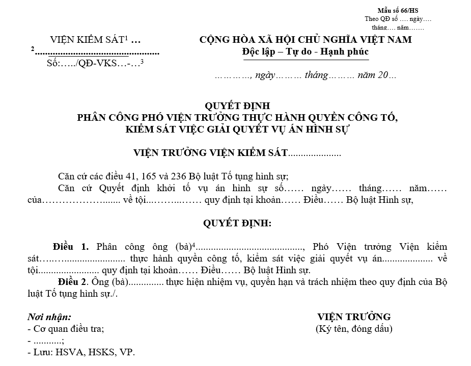 Mẫu quyết định phân công phó viện trưởng thực hành quyền công tố, kiểm sát việc giải quyết vụ án hình sự Mẫu quyết định phân công phó viện trưởng thực hành quyền công tố, kiểm sát việc giải quyết vụ án hình sự