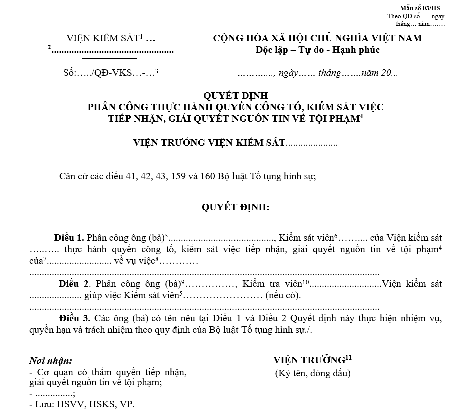 Mẫu quyết định phân công thực hành quyền công tố, kiểm sát việc tiếp nhận, giải quyết nguồn tin về tội phạm Mẫu quyết định phân công thực hành quyền công tố, kiểm sát việc tiếp nhận, giải quyết nguồn tin về tội phạm