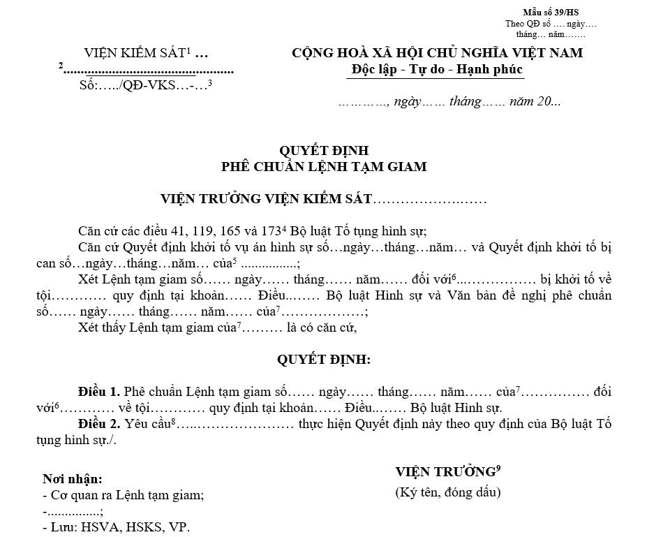 Mẫu quyết định phê chuẩn lệnh tạm giam Mẫu quyết định phê chuẩn lệnh tạm giam