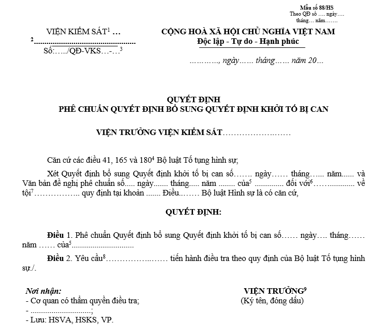 Mẫu quyết định phê chuẩn quyết định bổ sung quyết định khởi tố bị can Mẫu quyết định phê chuẩn quyết định bổ sung quyết định khởi tố bị can