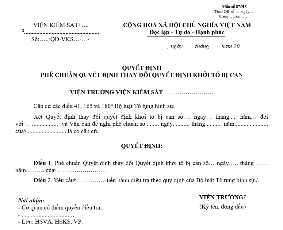 Mẫu quyết định phê chuẩn quyết định thay đổi quyết định khởi tố bị can Mẫu quyết định phê chuẩn quyết định thay đổi quyết định khởi tố bị can