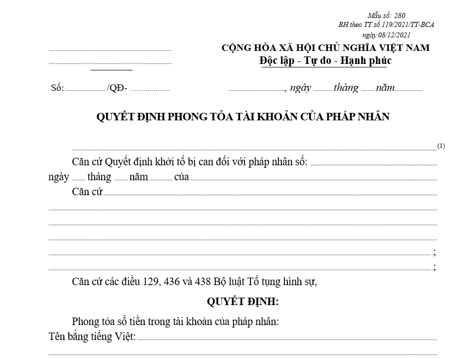 Mẫu quyết định phong tỏa tài khoản của pháp nhân Mẫu quyết định phong tỏa tài khoản của pháp nhân
