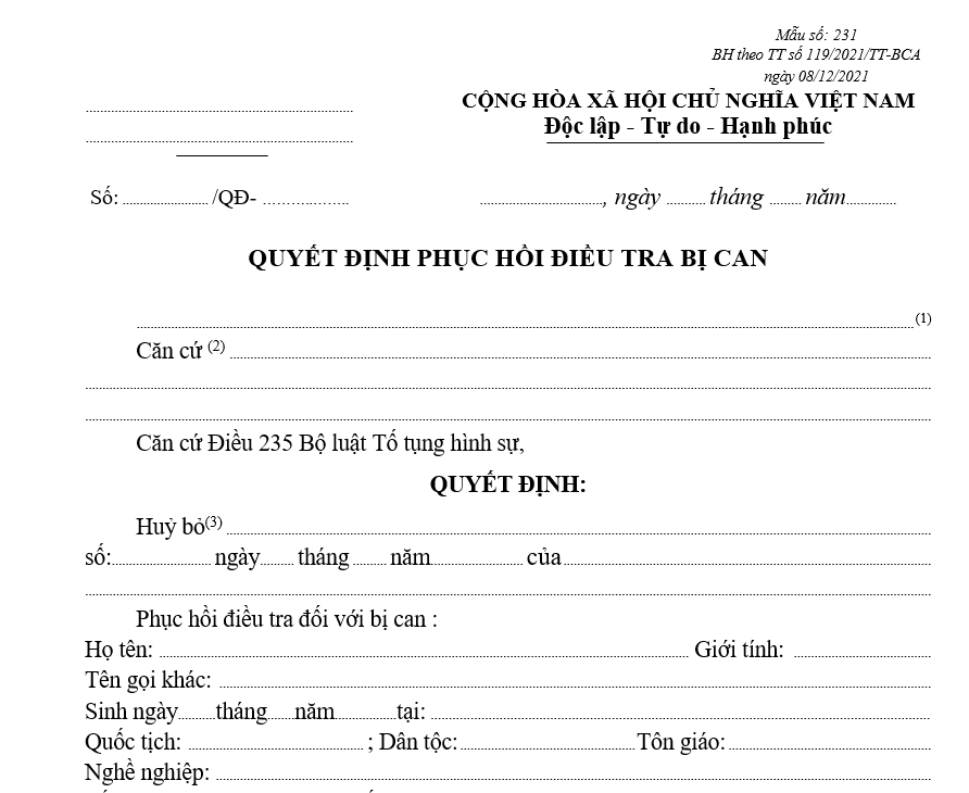 Mẫu quyết định phục hồi điều tra bị can Mẫu quyết định phục hồi điều tra bị can