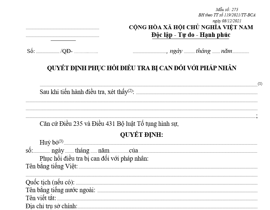 Mẫu quyết định phục hồi điều tra bị can đối với pháp nhân Mẫu quyết định phục hồi điều tra bị can đối với pháp nhân