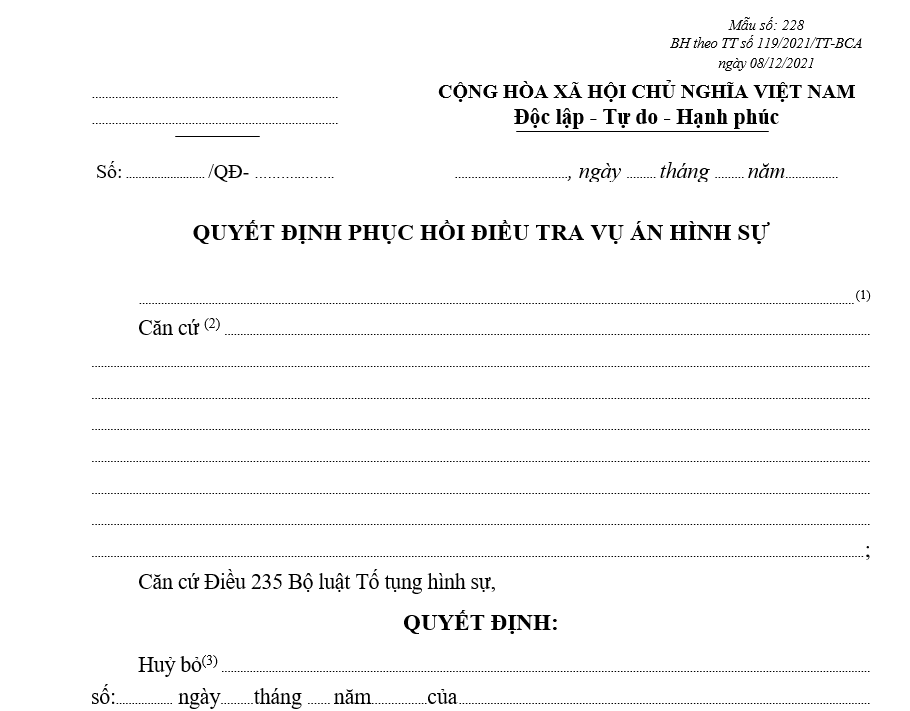 Mẫu quyết định phục hồi điều tra vụ án hình sự (Sử dụng chung cho cá nhân hoặc pháp nhân) Mẫu quyết định phục hồi điều tra vụ án hình sự (Sử dụng chung cho cá nhân hoặc pháp nhân)