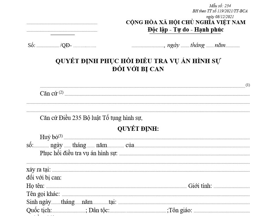 Mẫu quyết định phục hồi điều tra vụ án hình sự đối với bị can Mẫu quyết định phục hồi điều tra vụ án hình sự đối với bị can
