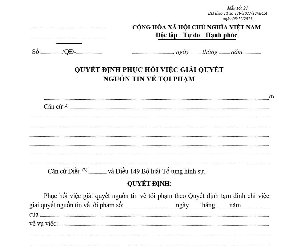 Mẫu quyết định phục hồi việc giải quyết nguồn tin về tội phạm Mẫu quyết định phục hồi việc giải quyết nguồn tin về tội phạm