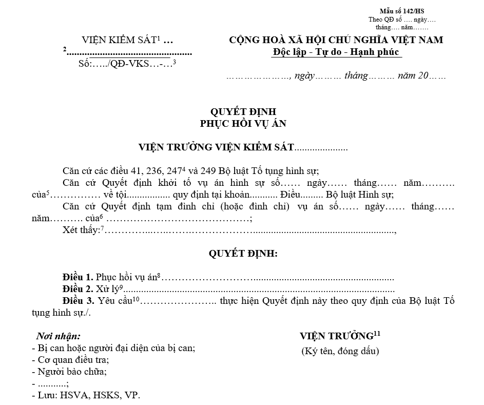 Mẫu quyết định phục hồi vụ án Mẫu quyết định phục hồi vụ án