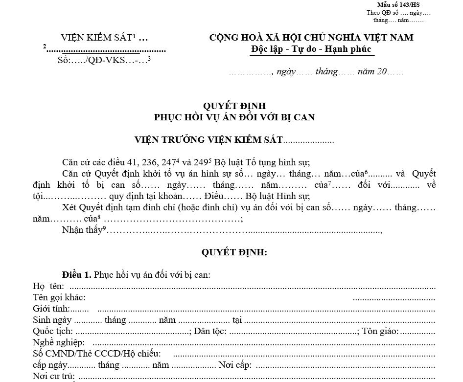 Mẫu quyết định phục hồi vụ án đối với bị can Mẫu quyết định phục hồi vụ án đối với bị can