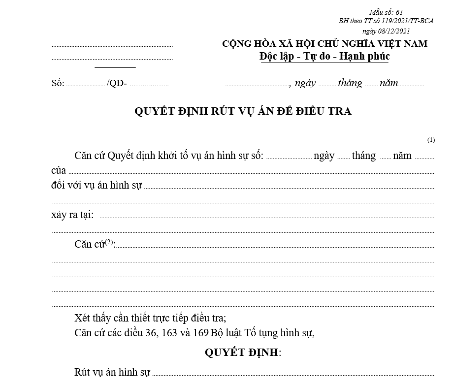Mẫu quyết định rút vụ án để điều tra Mẫu quyết định rút vụ án để điều tra