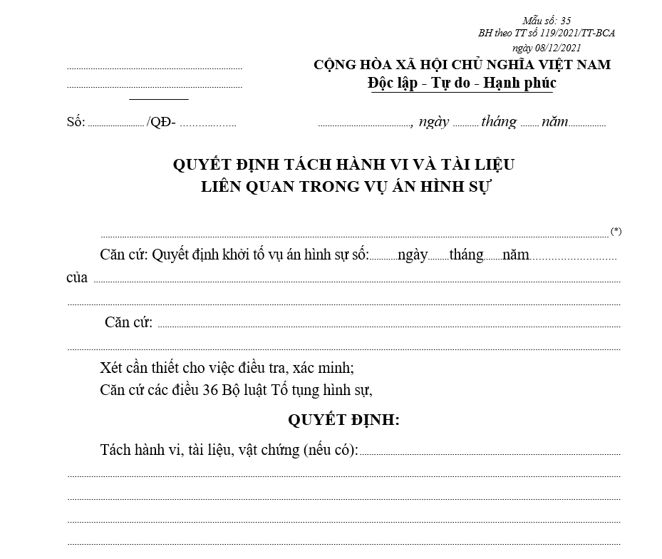 Mẫu quyết định tách hành vi và tài liệu liên quan trong vụ án hình sự Mẫu quyết định tách hành vi và tài liệu liên quan trong vụ án hình sự