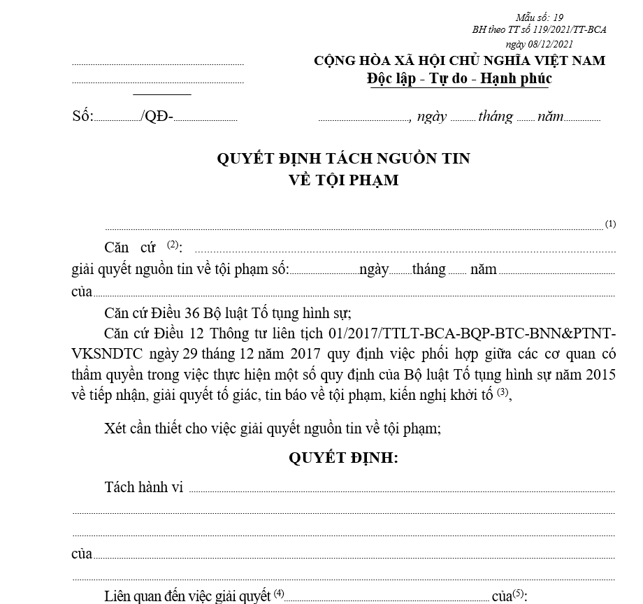 Mẫu quyết định tách nguồn tin về tội phạm Mẫu quyết định tách nguồn tin về tội phạm