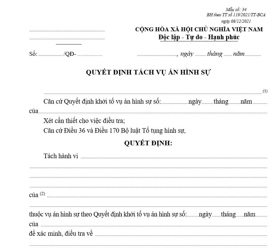 Mẫu quyết định tách vụ án hình sự Mẫu quyết định tách vụ án hình sự