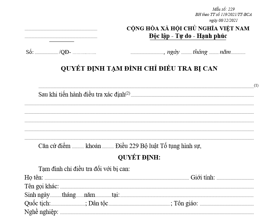 Mẫu quyết định tạm đình chỉ điều tra bị can Mẫu quyết định tạm đình chỉ điều tra bị can