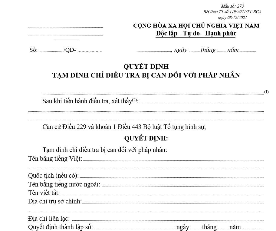 Mẫu quyết định tạm đình chỉ điều tra bị can đối với pháp nhân Mẫu quyết định tạm đình chỉ điều tra bị can đối với pháp nhân