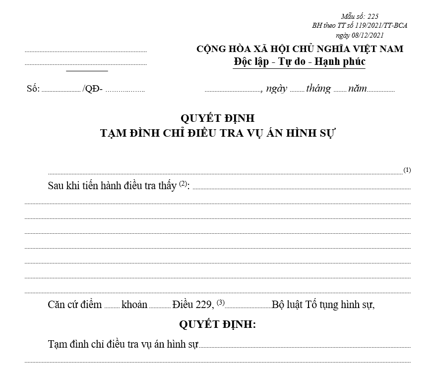 Mẫu quyết định tạm đình chỉ điều tra vụ án hình sự (Sử dụng chung cho cá nhân hoặc pháp nhân) Mẫu quyết định tạm đình chỉ điều tra vụ án hình sự (Sử dụng chung cho cá nhân hoặc pháp nhân)
