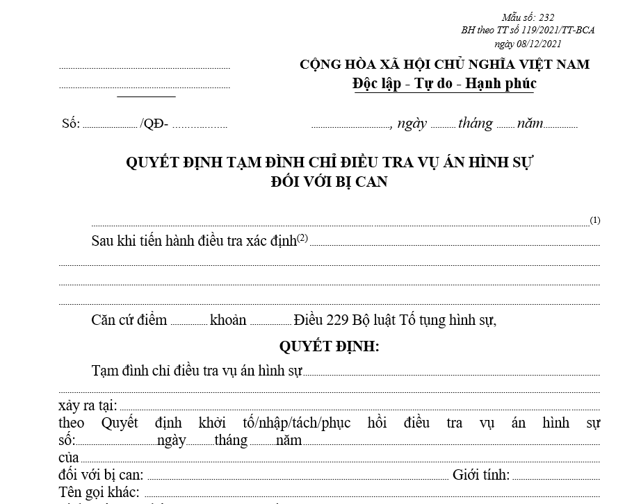 Mẫu quyết định tạm đình chỉ điều tra vụ án hình sự đối với bị can Mẫu quyết định tạm đình chỉ điều tra vụ án hình sự đối với bị can