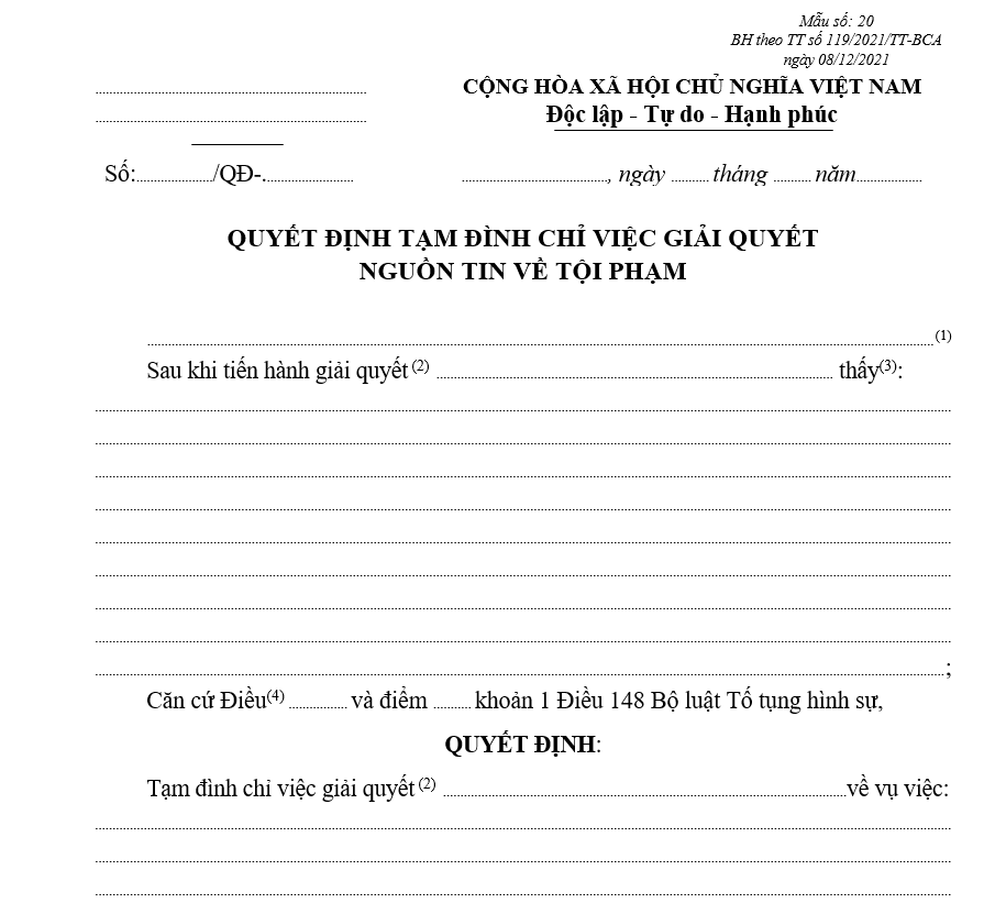 Mẫu quyết định tạm đình chỉ việc giải quyết nguồn tin về tội phạm Mẫu quyết định tạm đình chỉ việc giải quyết nguồn tin về tội phạm