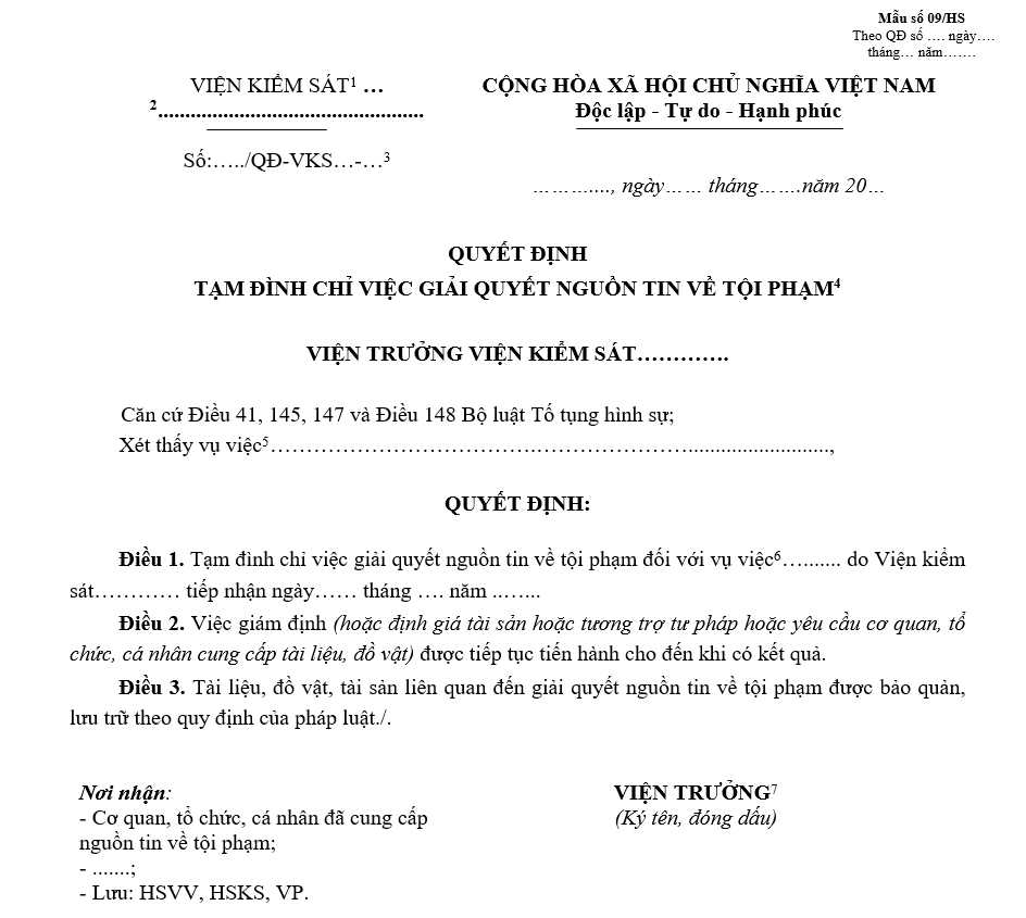 Mẫu quyết định tạm đình chỉ việc giải quyết nguồn tin về tội phạm Mẫu quyết định tạm đình chỉ việc giải quyết nguồn tin về tội phạm