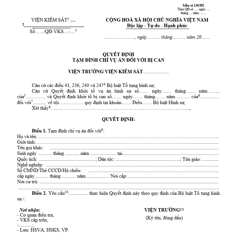 Mẫu quyết định tạm đình chỉ vụ án đối với bị can Mẫu quyết định tạm đình chỉ vụ án đối với bị can