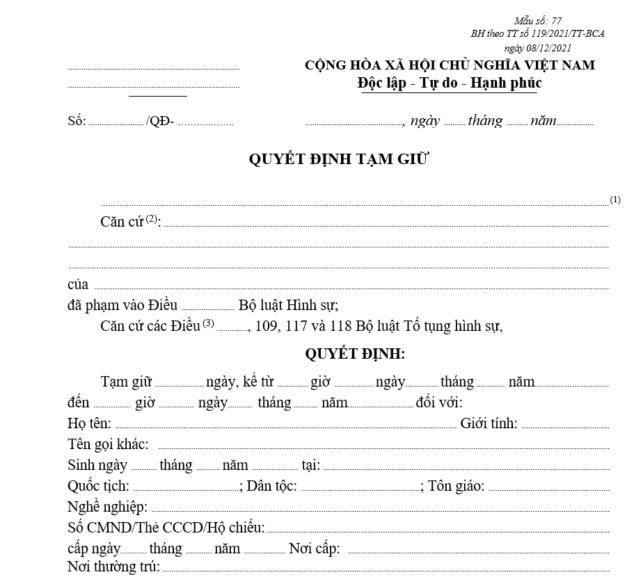 Mẫu quyết định tạm giữ Mẫu quyết định tạm giữ