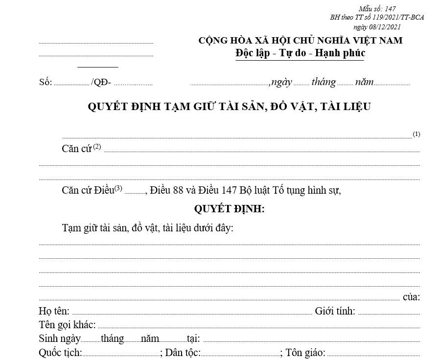 Mẫu quyết định tạm giữ tài sản, đồ vật, tài liệu Mẫu quyết định tạm giữ tài sản, đồ vật, tài liệu