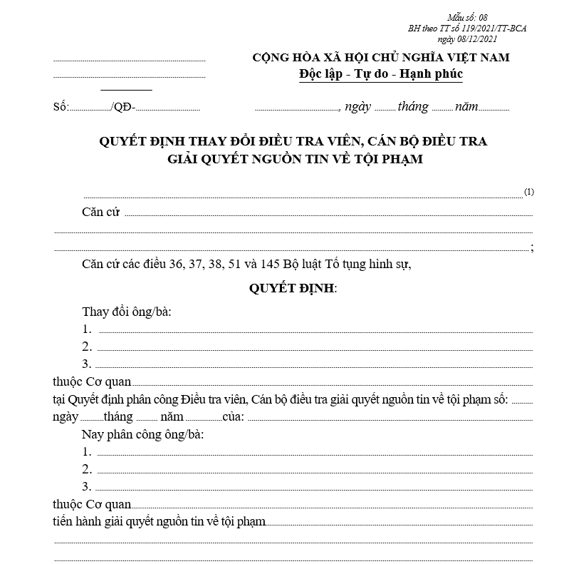 Mẫu quyết định thay đổi Điều tra viên, Cán bộ điều tra giải quyết nguồn tin về tội phạm Mẫu quyết định thay đổi Điều tra viên, Cán bộ điều tra giải quyết nguồn tin về tội phạm