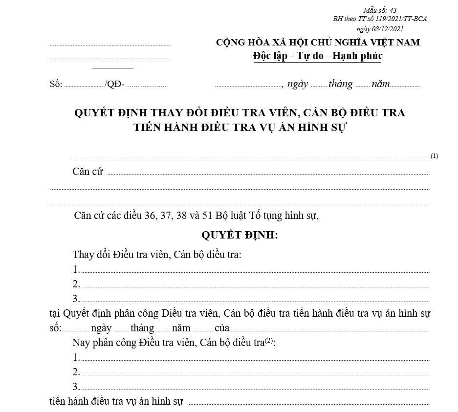 Mẫu quyết định thay đổi Điều tra viên, Cán bộ điều tra tiến hành điều tra vụ án hình sự Mẫu quyết định thay đổi Điều tra viên, Cán bộ điều tra tiến hành điều tra vụ án hình sự