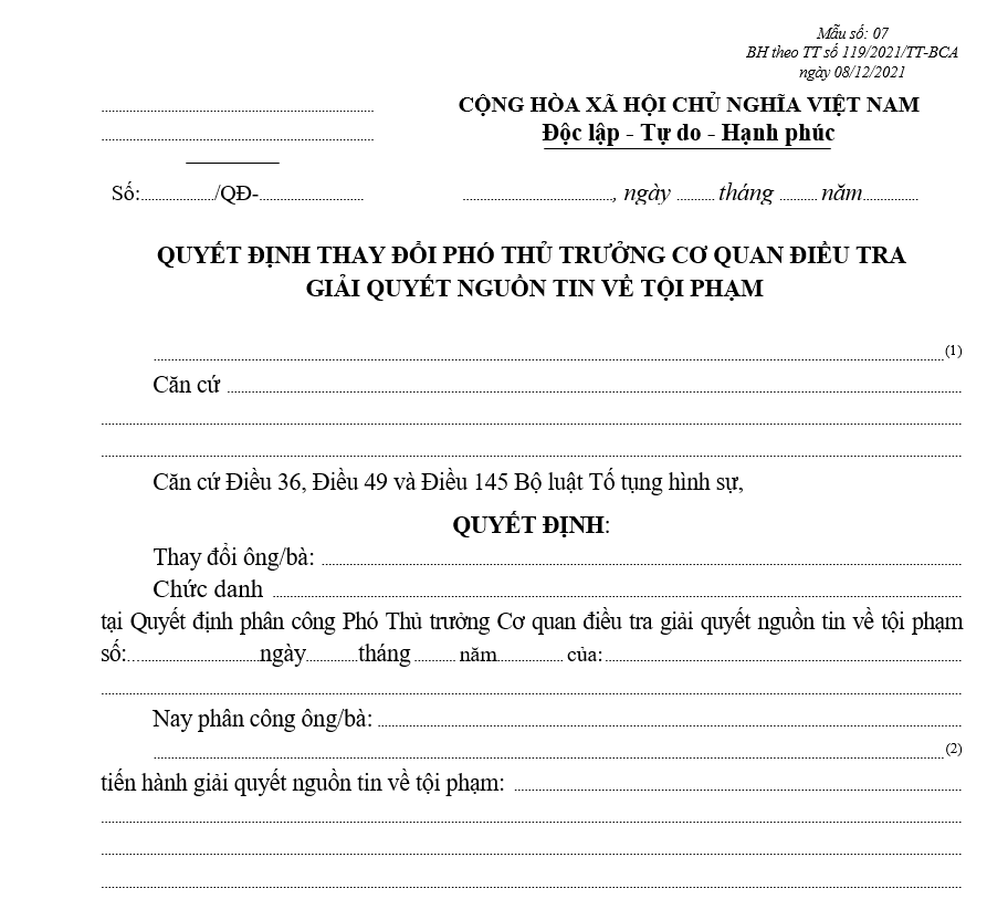 Mẫu quyết định thay đổi Phó Thủ trưởng Cơ quan điều tra giải quyết nguồn tin về tội phạm Mẫu quyết định thay đổi Phó Thủ trưởng Cơ quan điều tra giải quyết nguồn tin về tội phạm