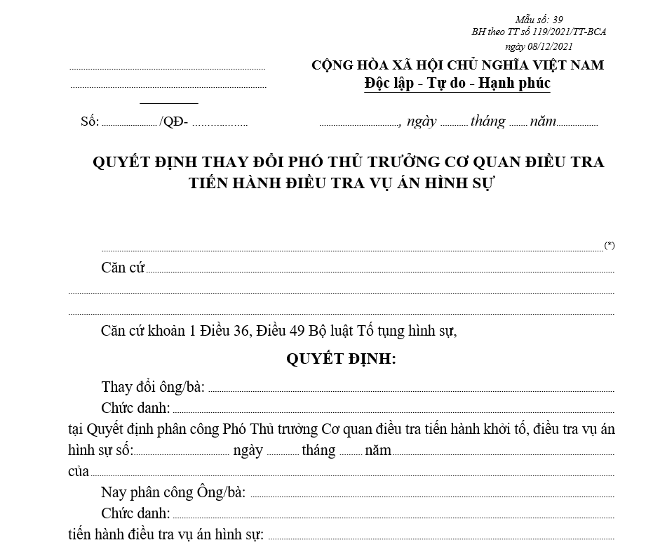 Mẫu quyết định thay đổi Phó Thủ trưởng Cơ quan điều tra tiến hành điều tra vụ án hình sự Mẫu quyết định thay đổi Phó Thủ trưởng Cơ quan điều tra tiến hành điều tra vụ án hình sự