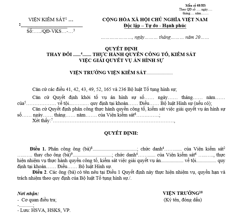 Mẫu quyết định thay đổi Phó Viện trưởng hoặc Kiểm sát viên/Kiểm tra viên thực hành quyền công tố, kiểm sát việc giải quyết vụ án hình sự Mẫu quyết định thay đổi Phó Viện trưởng hoặc Kiểm sát viên/Kiểm tra viên thực hành quyền công tố, kiểm sát việc giải quyết vụ án hình sự