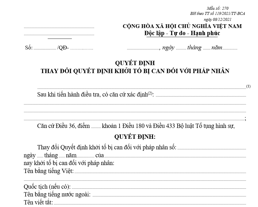 Mẫu quyết định thay đổi Quyết định khởi tố bị can đối với pháp nhân Mẫu quyết định thay đổi Quyết định khởi tố bị can đối với pháp nhân