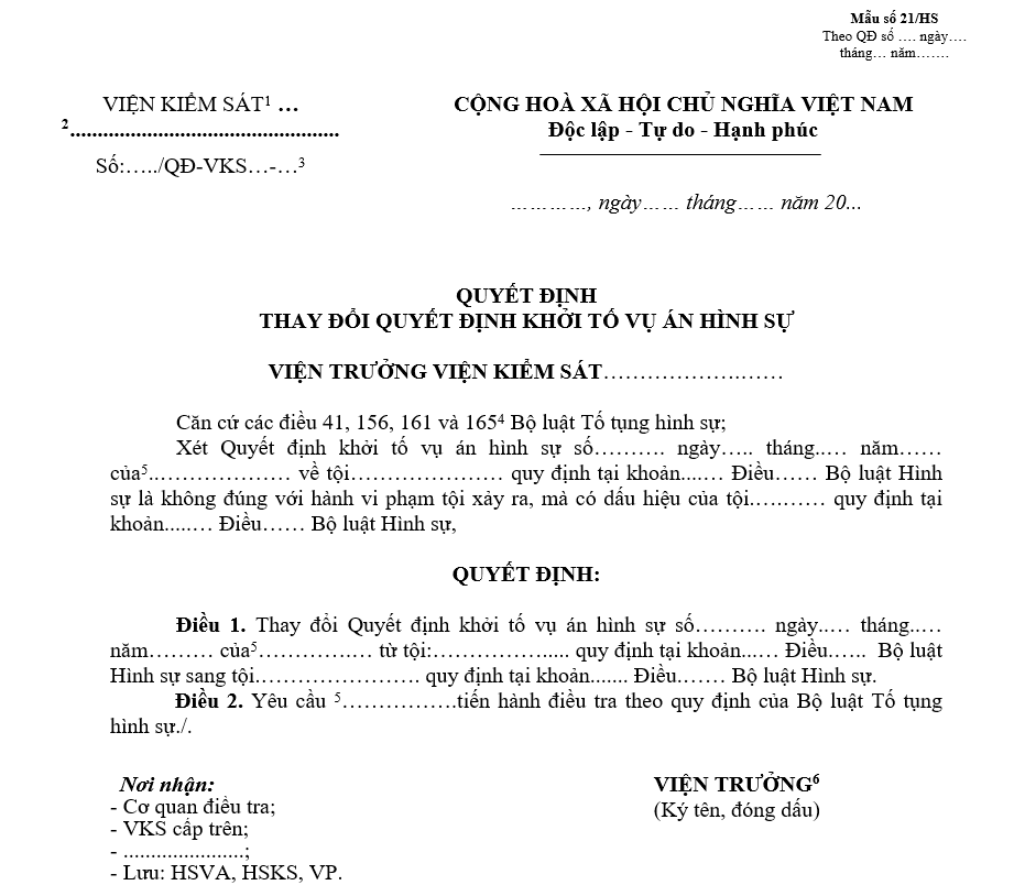 Mẫu quyết định thay đổi Quyết định khởi tố vụ án hình sự Mẫu quyết định thay đổi Quyết định khởi tố vụ án hình sự