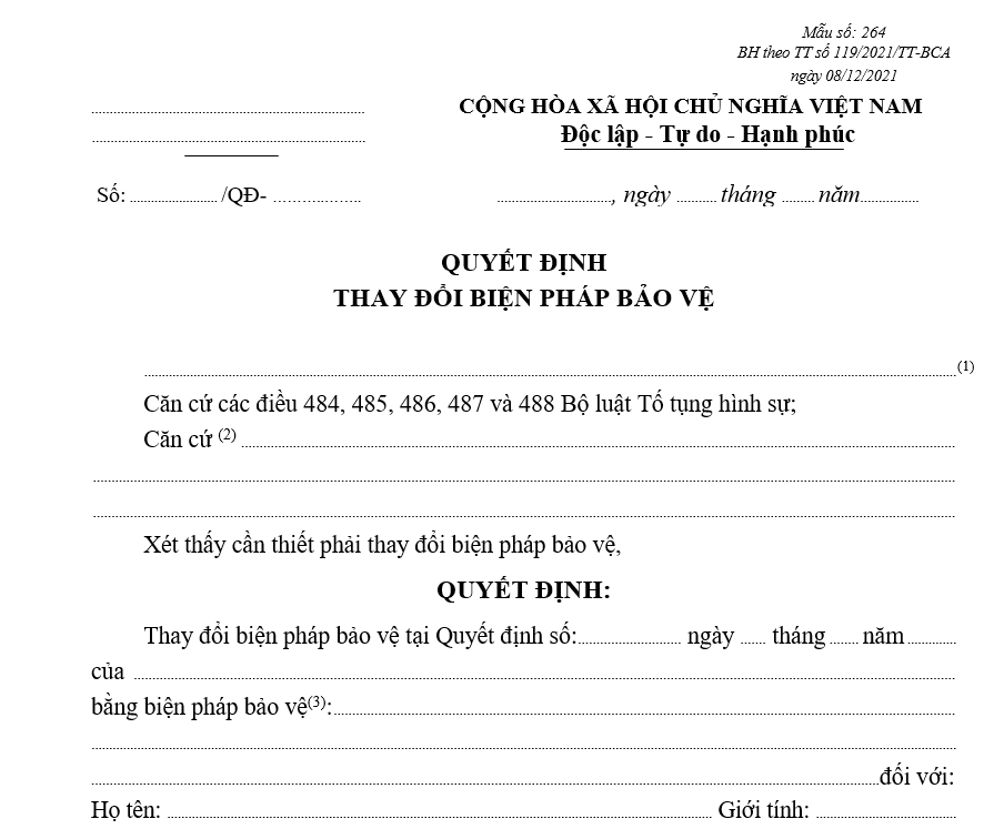 Mẫu quyết định thay đổi biện pháp bảo vệ Mẫu quyết định thay đổi biện pháp bảo vệ