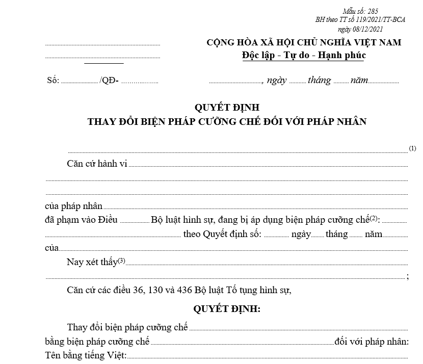 Mẫu quyết định thay đổi biện pháp cưỡng chế đối với pháp nhân Mẫu quyết định thay đổi biện pháp cưỡng chế đối với pháp nhân
