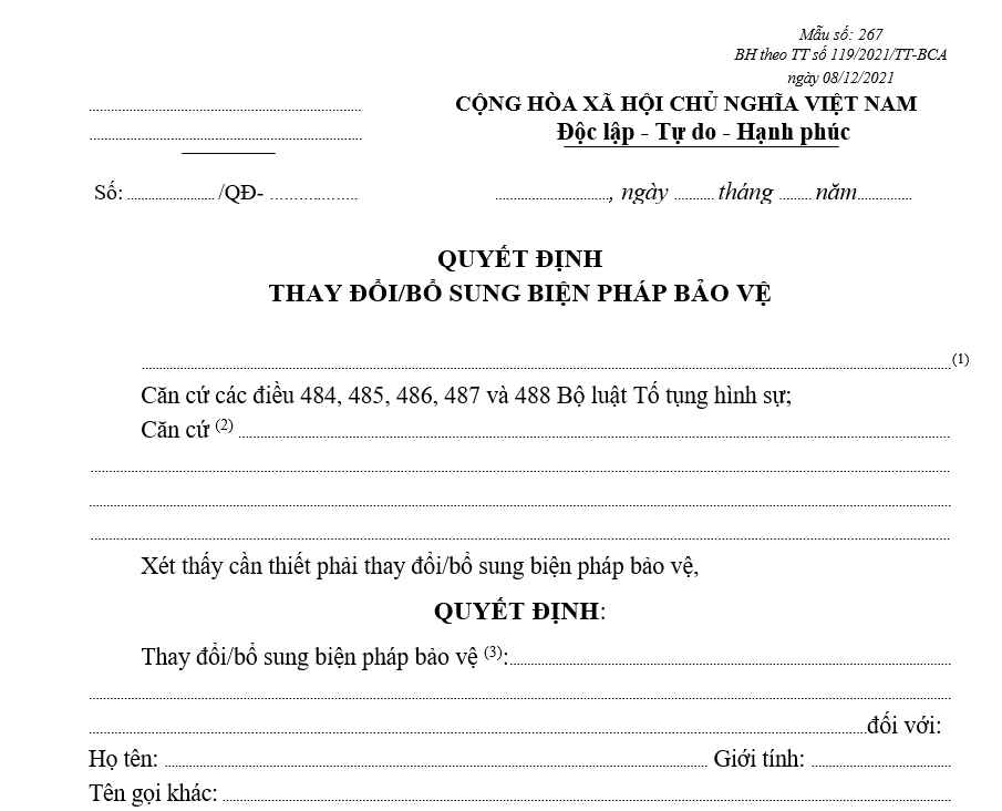 Mẫu quyết định thay đổi/bổ sung biện pháp bảo vệ Mẫu quyết định thay đổi/bổ sung biện pháp bảo vệ