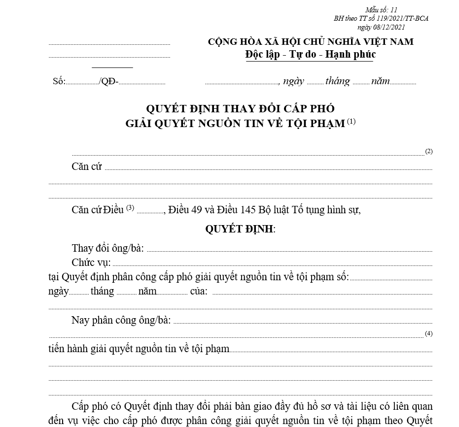 Mẫu quyết định thay đổi cấp phó giải quyết nguồn tin về tội phạm (Dùng cho cơ quan được giao nhiệm vụ tiến hành một số hoạt động điều tra) Mẫu quyết định thay đổi cấp phó giải quyết nguồn tin về tội phạm (Dùng cho cơ quan được giao nhiệm vụ tiến hành một số hoạt động điều tra)